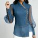Elegant Slimming Side Button Patchwork Organza Denim Shirt Women's Fashion Top_ecoleips.com