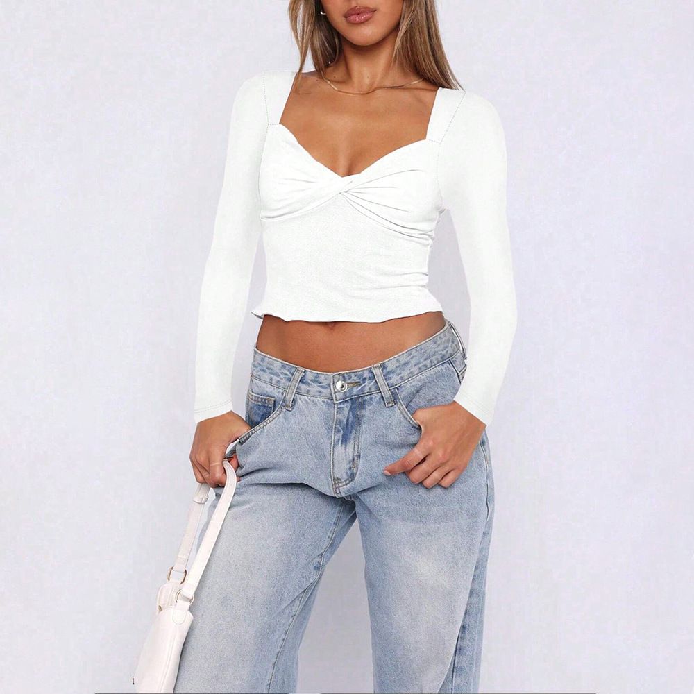 Voya Women's Sexy Pure Desire Style T-shirt, Spring And Summer Slim-fit Solid Color Short Crop Long-sleeved Top_ecoleips.com