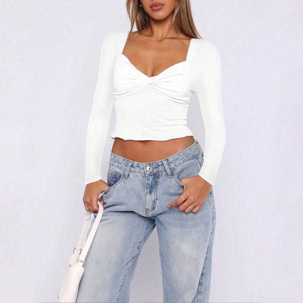 Voya Women's Sexy Pure Desire Style T-shirt, Spring And Summer Slim-fit Solid Color Short Crop Long-sleeved Top_ecoleips.com
