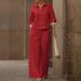 Women's Clothing Solid Color Casual Two Piece Set Spring Summer Collared Top Wide Leg Pants Fashionable_ecoleips.com
