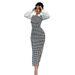 Slim Fit Puff Sleeve Dress For Women Houndstooth Pattern Bodycon Long Skirt_ecoleips.com