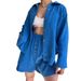 Women's Clothing Wrinkled Lapel Long Sleeved Shirt High Waisted Drawstring Shorts Fashionable Casual Two Piece Set_ecoleips.com