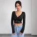 European And American Cross-border 2026 New Women's Deep V-neck Long-sleeve Lace Patchwork Ruched Short T-shirt_ecoleips.com