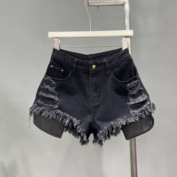 2025s Trendy Fashion Women's Clothing 2025 Summer New High Waist Ripped Fringe Frayed White Denim Shorts A-line Hot Pants_ecoleips.com