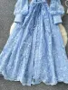 Spring Autumn French High-end Women's Dress New Lace Embroidery V-neck Lantern Sleeves Single Breasted Party Birthday Dress C192_ecoleips.com