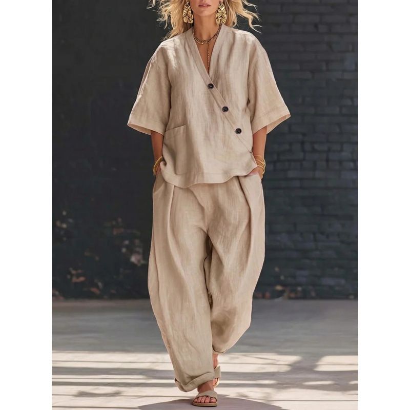 Women's Fashion Two Piece Set American Style Casual V Neck Top Loose Short Sleeve High Waisted Trousers Solid Color_ecoleips.com