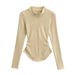 Women's Clothing New Ant Waist Slim Fit Long Sleeve Bottoming Shirt Zipper Design Arc Hem Irregular T Shirt Top_ecoleips.com