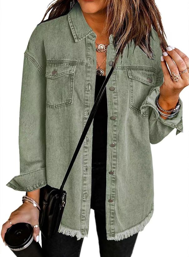 Distressed Washed Denim Shirt Jacket For Women - Oversized Streetwear Coat With Raw Hem For Fall & Winter_ecoleips.com