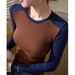 2025 High Quality Elastic Thread Cotton Color Blocked Long Sleeved T-Shirt For Women In Autumn And Winter 2025, Slim Fit_ecoleips.com