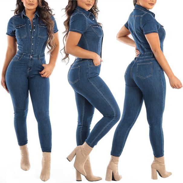 Women's Clothing Single Breasted Solid Color Lapel Casual Sexy Mid Waist Slim Fashion Denim Short Sleeved Jumpsuit_ecoleips.com