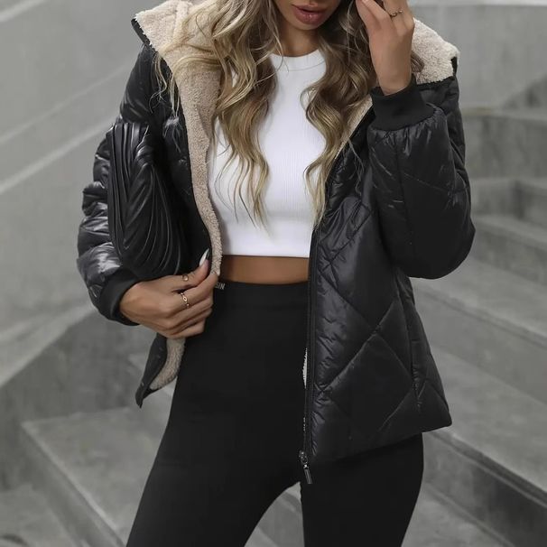 Women's Quilted Puffer Jacket With Diamond Stitch Design, Short-Length Loose Fit Casual Coat, Lightweight Polyester Outerwear For Fall & Winter_ecoleips.com