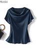 ZANZEA Summer Fashion Satin Blouse Women Short Sleeve Solid Shirt Female Casual OL Work Tunic Tops Elegant Loose Blsuas Oversize_ecoleips.com