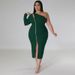Plus Size Mesh Long Sleeve Dress With Side Slit, Asymmetric Neckline And Zipper Detail For Elegant Occasions_ecoleips.com