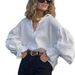2026 European American Spring/Summer New White Crepe Shirt With Small Stand Collar And Lantern Sleeves, Loose Fit,_ecoleips.com