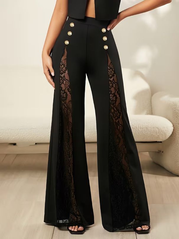 Women's Solid Color Lace Patchwork Flared Pants Trousers For Ladies_ecoleips.com