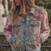 Women's Boho Embroidered Floral Denim Jacket, Vintage Green Purple 3D Rose Beaded Long Sleeve Cropped Coat, Casual Streetwear Outerwear For Daily Week_ecoleips.com