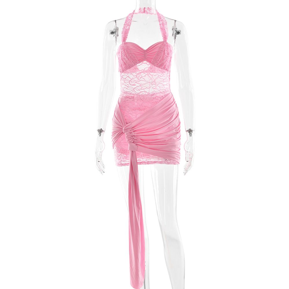 Women Trendy Sexy Mini Dress, Delicate Lace Fabric, Tie‑Up Halter Neck, Open‑Back Design, Sleeveless Slim‑Fit Silhouette_ecoleips.com