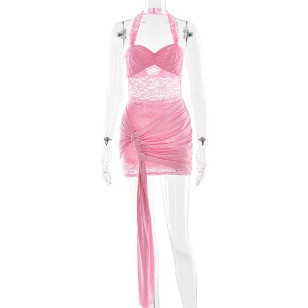 Women Trendy Sexy Mini Dress, Delicate Lace Fabric, Tie‑Up Halter Neck, Open‑Back Design, Sleeveless Slim‑Fit Silhouette_ecoleips.com