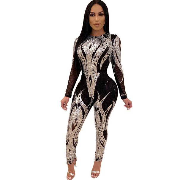Sparkling Sequin Mesh Jumpsuit – Sexy Long-Sleeve See-Through Romper For Women_ecoleips.com