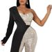Women's Clothing Silver Splicing Sequins One Shoulder Fashion Sequins Jumpsuit_ecoleips.com