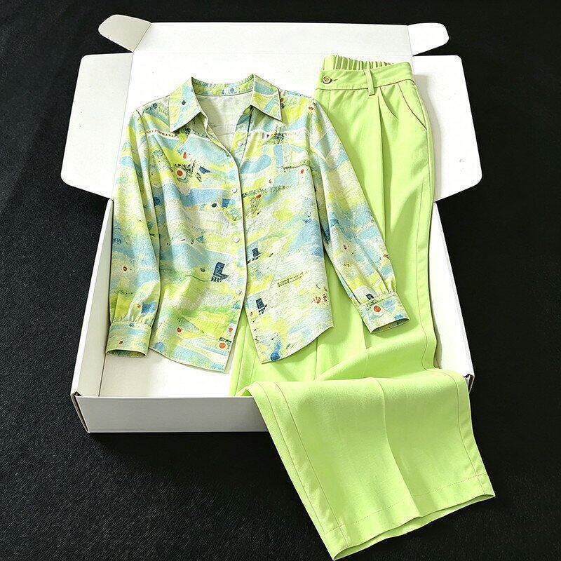 Women's Plus Size Comfortable Printed Two Piece Set Spring Green Loose Fit Wide Leg Pants Shirt Top Skin Friendly Suit_ecoleips.com