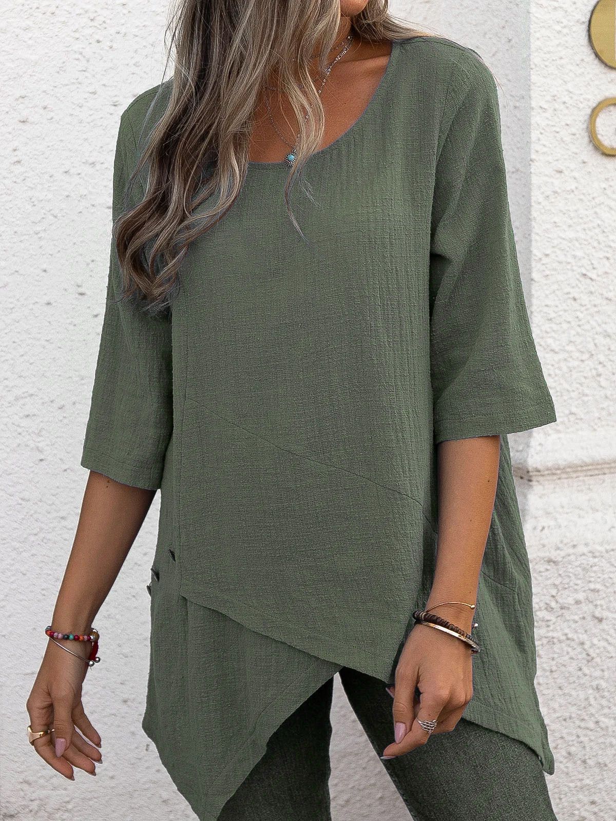 Women's Clothing Women's Cotton Linen Round Neck Irregular Shirt Five Quarter Sleeve Top For Formal & Casual For Women_ecoleips.com