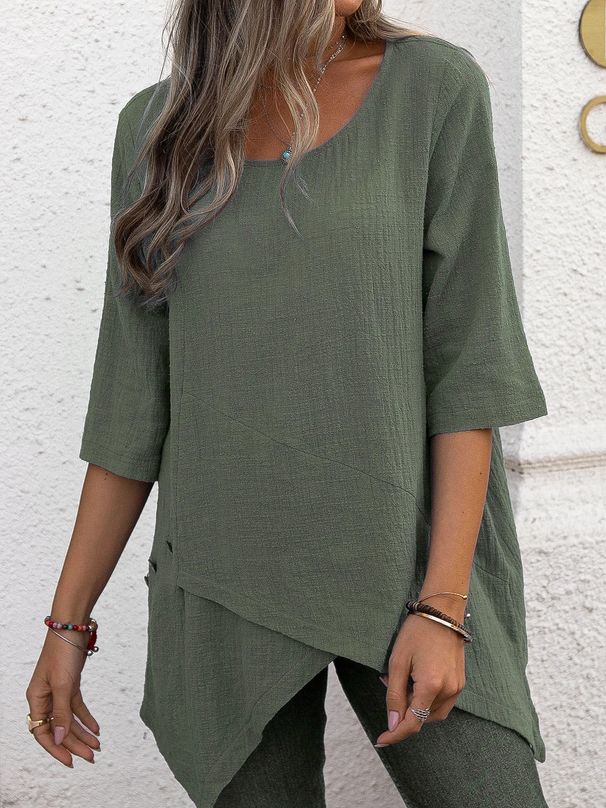 Women's Clothing Women's Cotton Linen Round Neck Irregular Shirt Five Quarter Sleeve Top For Formal & Casual For Women_ecoleips.com