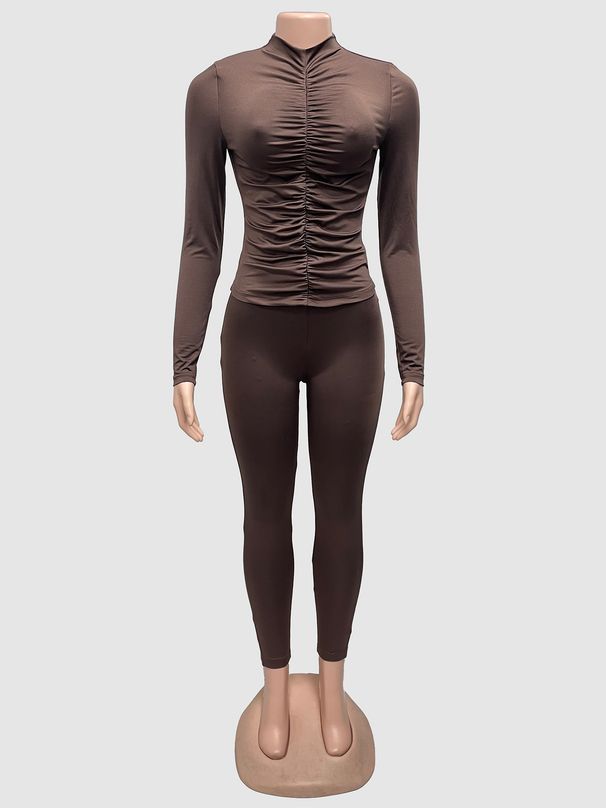 Women's Slim Fit Round Neck Top And Bottoms Set Long Sleeved Pleated European American Style Fashion Autumn_ecoleips.com