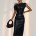 Women's Clothing Elegant PU Draped Midi Dress For Women - High Waist Bodycon Pencil Dress With Slash Neckline, Short Sleeves, Office & Party Wear_ecoleips.com