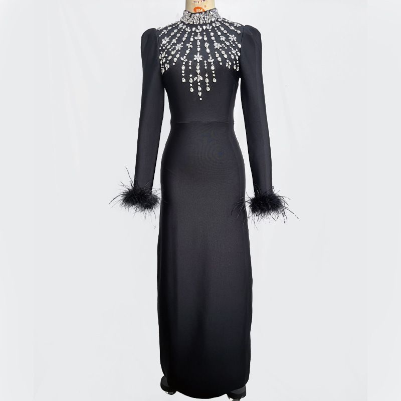 Women's Clothing New Black High Collar Hot Diamond Long Sleeve Feather Slimming Bandage Dress_ecoleips.com