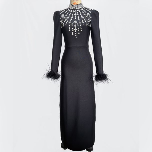 Women's Clothing New Black High Collar Hot Diamond Long Sleeve Feather Slimming Bandage Dress_ecoleips.com