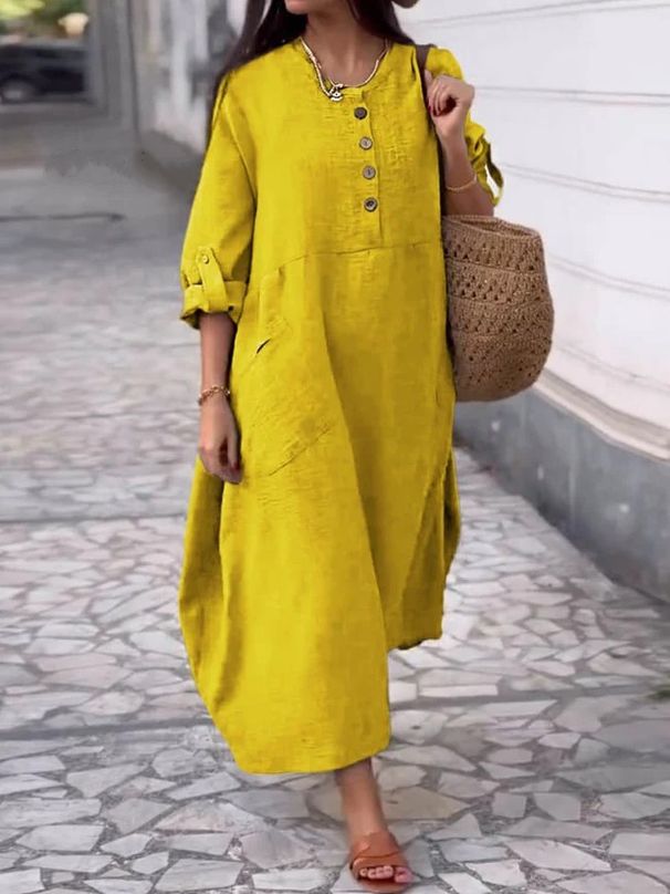 Women's Clothing Solid Color Round Neck Cotton And Linen Long Sleeves Casual Double Side Pocket Button Long Dress_ecoleips.com