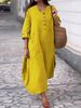 Women's Clothing Solid Color Round Neck Cotton And Linen Long Sleeves Casual Double Side Pocket Button Long Dress_ecoleips.com