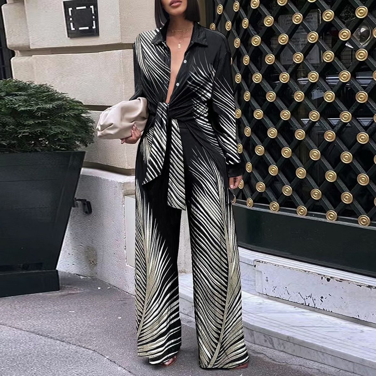 Women's Clothing Spring And Autumn Printed Long Sleeved Trousers Casual Shirt Two Piece Suit_ecoleips.com