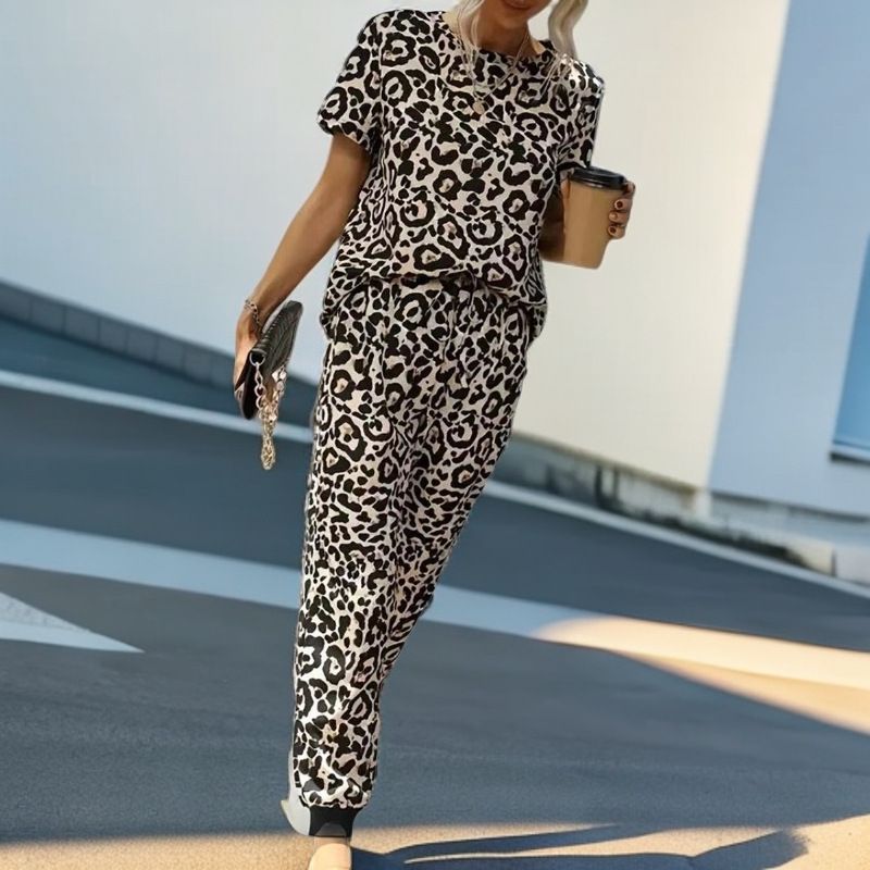 Summer New Casual Leopard Print For Women Short Sleeve Top And Long Pants Two-Piece Set_ecoleips.com