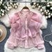 Women's Clothing Niche Light Luxury Three Dimensional Ruffle Stitching Round Neck Pearl Single Breasted Versatile Lace Crop Top_ecoleips.com