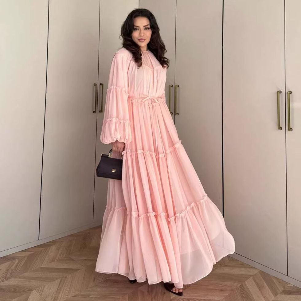 Women's Elegant Tiered Dress – Bubble Sleeves, Waist Tie Belt, Flowy Summer Dress For Casual & Party (Multi-Color & Size Options)_ecoleips.com