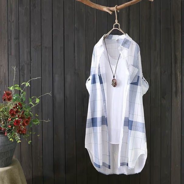 Spring/Summer Women's Shirt In Medium-Length, Large Size With Loose Fit For Slimming Effect, Fashionable Checkered Long-_ecoleips.com