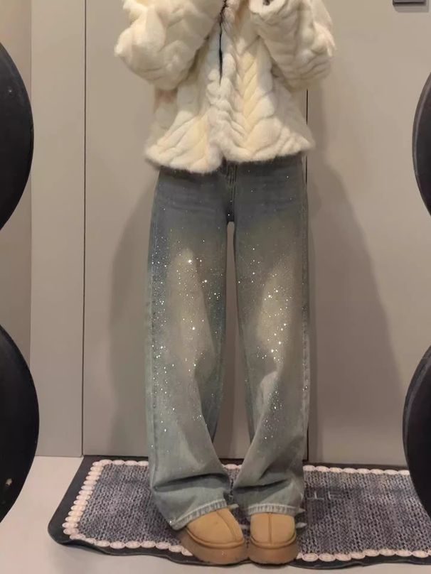 Plus Size Rhinestone Wide-Leg Jeans For Women – High Waist Stretch-Free Denim Pants With Glitter Details, Winter Fleece-Lined & Regular (S-2xl)_ecoleips.com