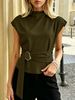 High Neck Sleeveless Top For Women With Metal Buckle Belt Slimming Work Style Look Bestselling_ecoleips.com