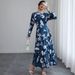 Women's Clothing Blue Long Sleeved Round Neck Dress New Temperament Waist Tie Slim Big Swing Printed Mid Length Skirt_ecoleips.com