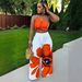 Women's Clothing Fashion Sexy Flower Print One Shoulder Slim Wide Leg Pants Two Piece Set_ecoleips.com