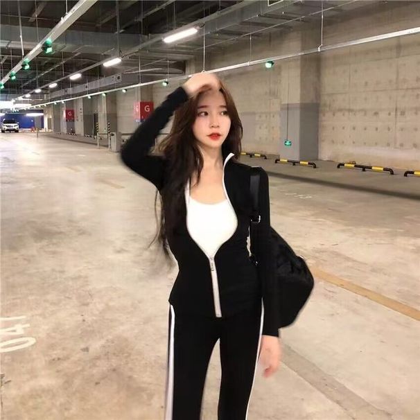 Autumn Quick-dry Yoga Jacket, Black Stand-up Collar, Slim-fit Casual Suit, Striped Korean-style Long-sleeve,_ecoleips.com