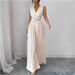 Women's Clothing Elegant Style Women's V-Neck Jumpsuit Solid Color Pleated Tie Waist Pants For Formal & Casual For Women_ecoleips.com