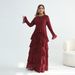 Voya Women's Tiered Maxi Dress Long Sleeve Crew Neck Ruffle Dress In Premium Pearl Chiffon Elegant Evening Party Wear, Flared Skirt, Formal Occasion Gown_ecoleips.com