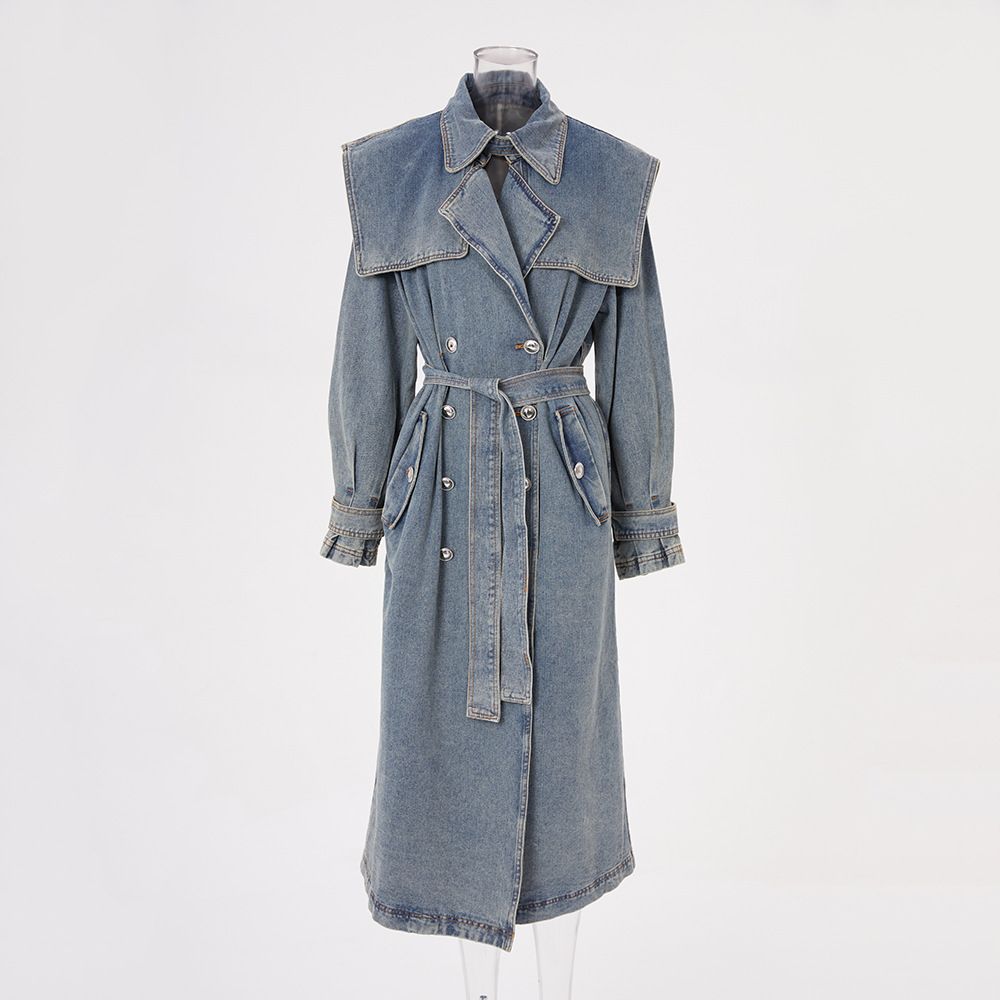 Women’s Denim Trench Coat – Mid-Length Blue Jacket With Waist-Defining Lapels (S/M/L/XL)_ecoleips.com