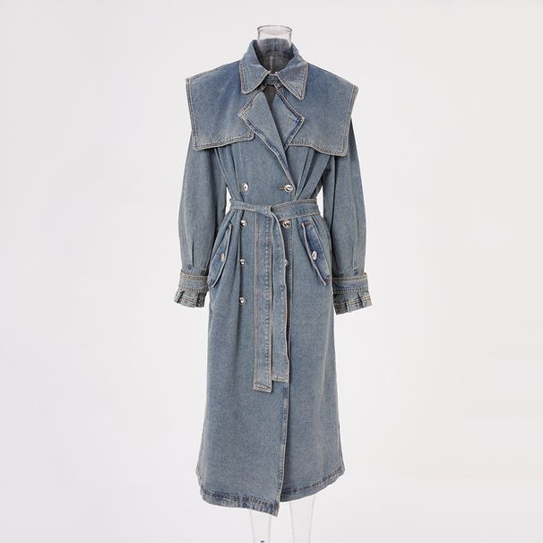 Women’s Denim Trench Coat – Mid-Length Blue Jacket With Waist-Defining Lapels (S/M/L/XL)_ecoleips.com