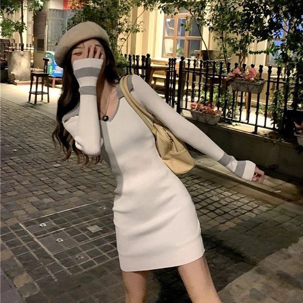 Women's Clothing Autumn/Winter British Style Korean Color Block Slim Fit Petite Women's Knit Bodycon Dress_ecoleips.com