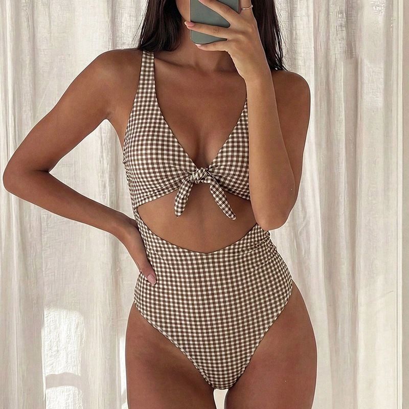 Women's Plaid Lace-Up Bikini One Piece Swimsuit European American Style Beach Hot Spring Swimwear Cross Border 2026 New_ecoleips.com