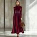 Women's Autumn/Winter Gold Velvet Long-Sleeve Dresses, Waist-Cinching, Slimming, Elegant Long Skirts With Wide Hems, Ele_ecoleips.com